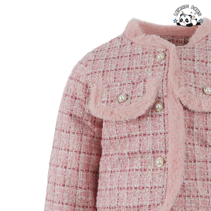 Conjunto de Saia Curta Infantil Champanhe Fashion Elegante com Malha Bordada e Conjunto de Duas Peças de Tweed de Veludo para Meninas - Product Image