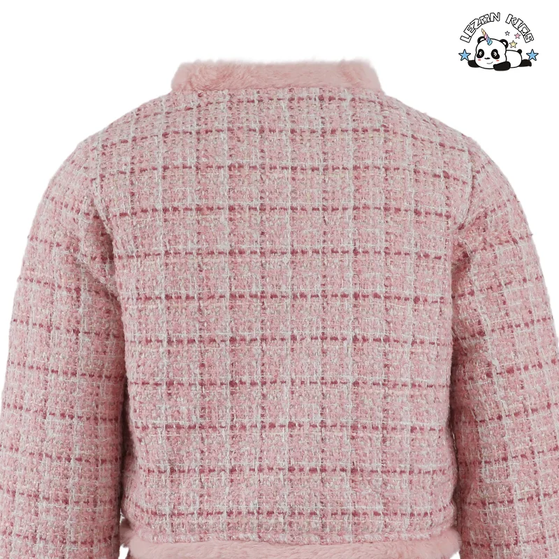 Conjunto de Saia Curta Infantil Champanhe Fashion Elegante com Malha Bordada e Conjunto de Duas Peças de Tweed de Veludo para Meninas - Product Image