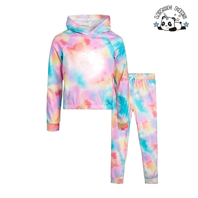 Fast Delivery Customized Girls' Tie Dye Fleece Jog Pullover Hoodies and Jogger Sweatpants 2 Piece - Product Image