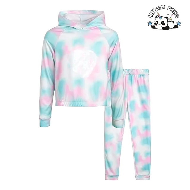 Fast Delivery Customized Girls' Tie Dye Fleece Jog Pullover Hoodies and Jogger Sweatpants 2 Piece - Product Image