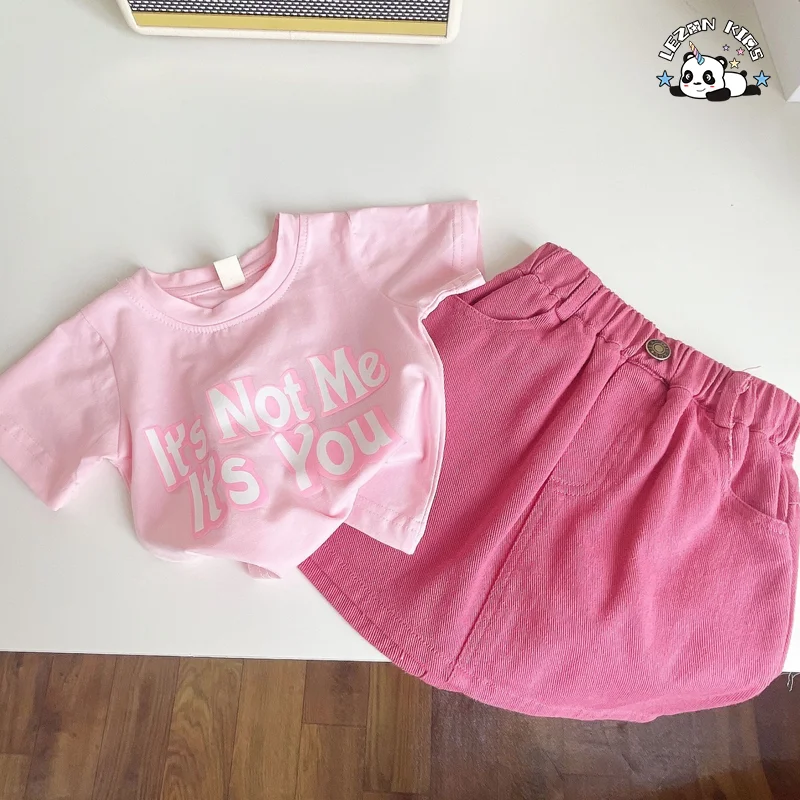 Conjuntos de Roupas para Meninas Rosa com Estampa de Letras de Algodão Camiseta Short de Jeans Rosa Doce Fofo Conjuntos de Roupas Personalizadas para Crianças - Product Image
