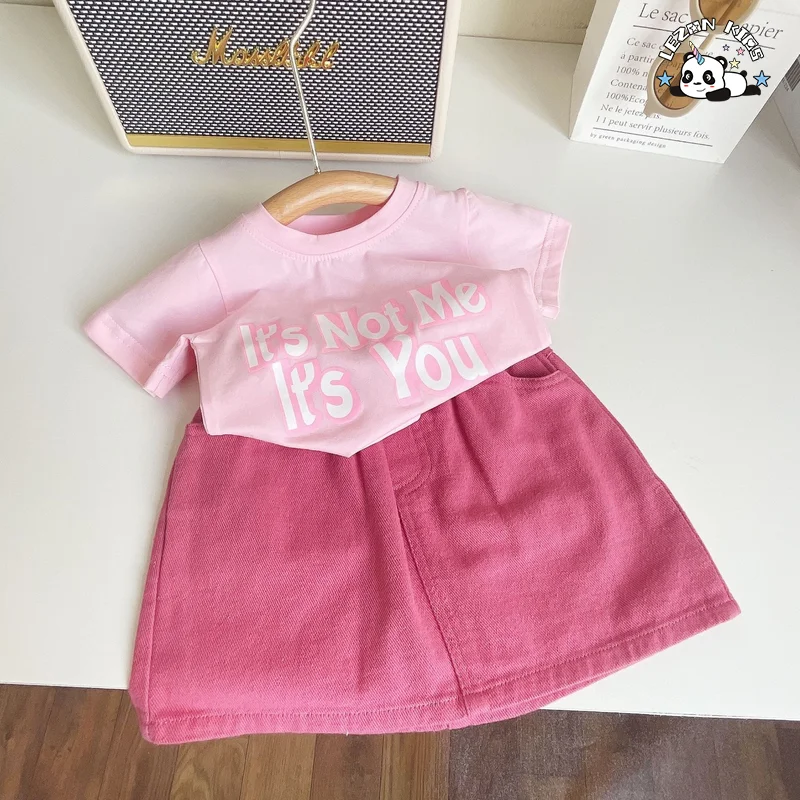 Conjuntos de Roupas para Meninas Rosa com Estampa de Letras de Algodão Camiseta Short de Jeans Rosa Doce Fofo Conjuntos de Roupas Personalizadas para Crianças - Product Image