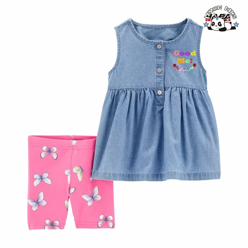 Girls Denim Set Butterfly Legging Shorts Sleeveless OEM Denim Top Toddler Girls Clothing Sets Summer