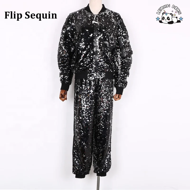 Girls Sparkle Shinny Sequin 2 Pieces Set Punk Bomber and Joggers Black Flip to Silver Sequin Jumpsuit - Product Image