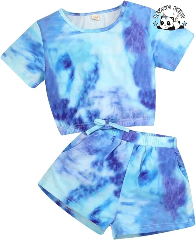 Conjuntos de verão para meninas com camiseta cropped com cordão elástico e shorts com bolsos laterais