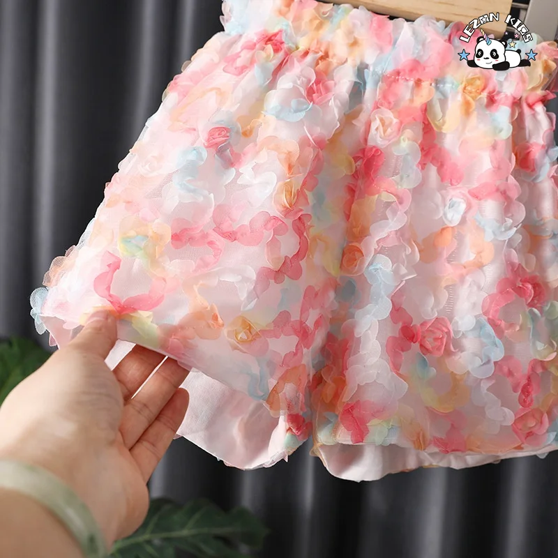Conjunto de duas peças de renda de pétala super imortal para meninas para apresentação no festival infantil Conjunto de roupa de menina com manga bolha de flor - Product Image