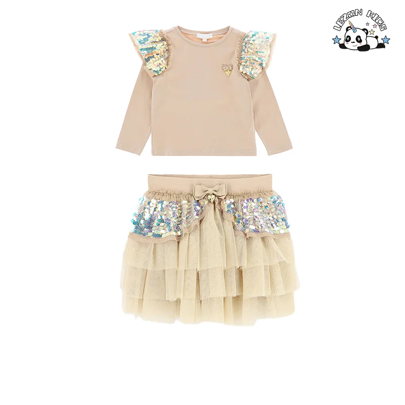 Good Quality Kids Summer Spring Clothing Cotton Long Sleeves Top with Tulle Skirt Girls Clothing Suit