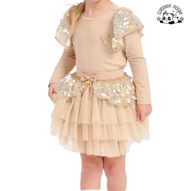 Good Quality Kids Summer Spring Clothing Cotton Long Sleeves Top with Tulle Skirt Girls Clothing Suit - Product Image