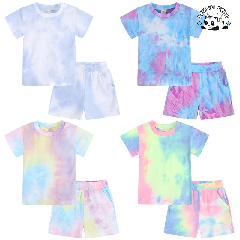 Conjunto de Roupa de Manga Curta de Alta Qualidade com Calções e Camiseta Tie-dye para Meninas de 2 a 14 anos
