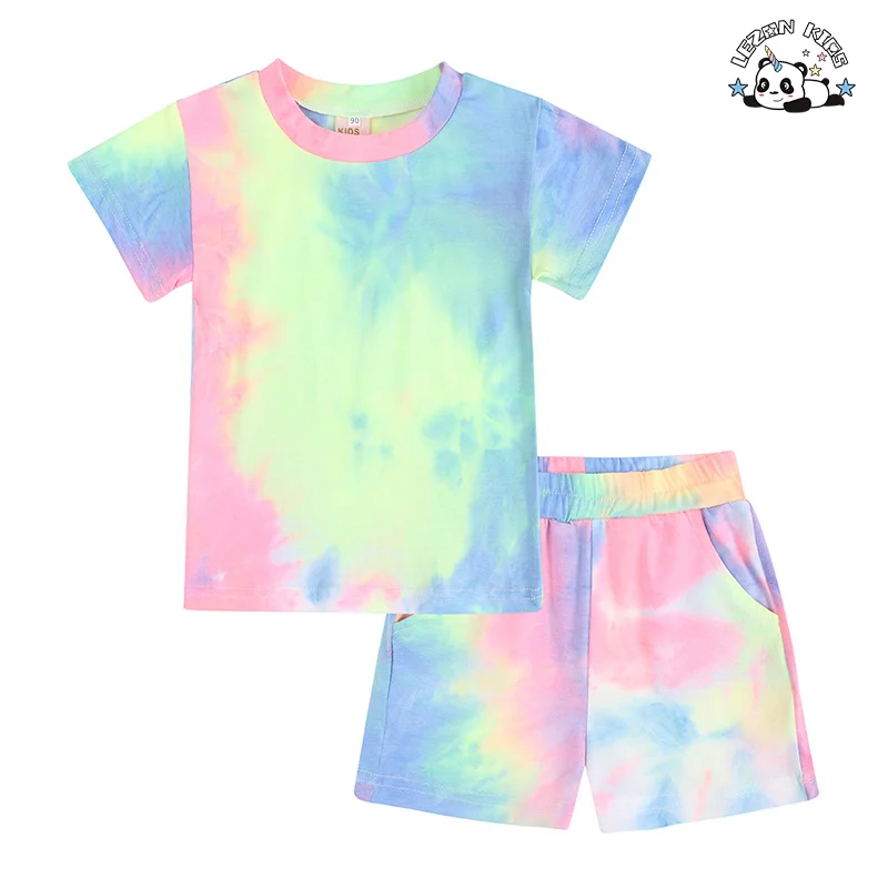 Conjunto de Roupa de Manga Curta de Alta Qualidade com Calções e Camiseta Tie-dye para Meninas de 2 a 14 anos - Product Image
