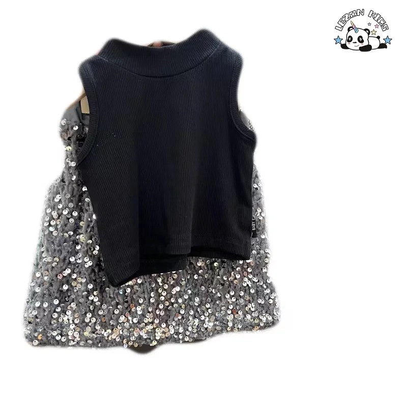 Roupa de verão de alta qualidade 2PCS Preto sem mangas com remendos de lantejoulas Saia Conjunto para meninas