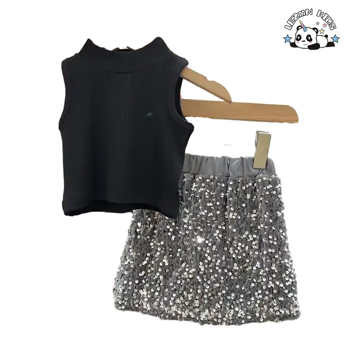 High Quality Summer 2PCS Clothing Black Sleeveless Sequin Patches Skirt Girls Suit for Kid Set - Product Image