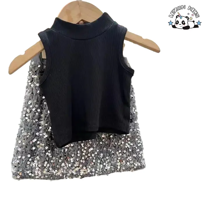High Quality Summer 2PCS Clothing Black Sleeveless Sequin Patches Skirt Girls Suit for Kid Set - Product Image