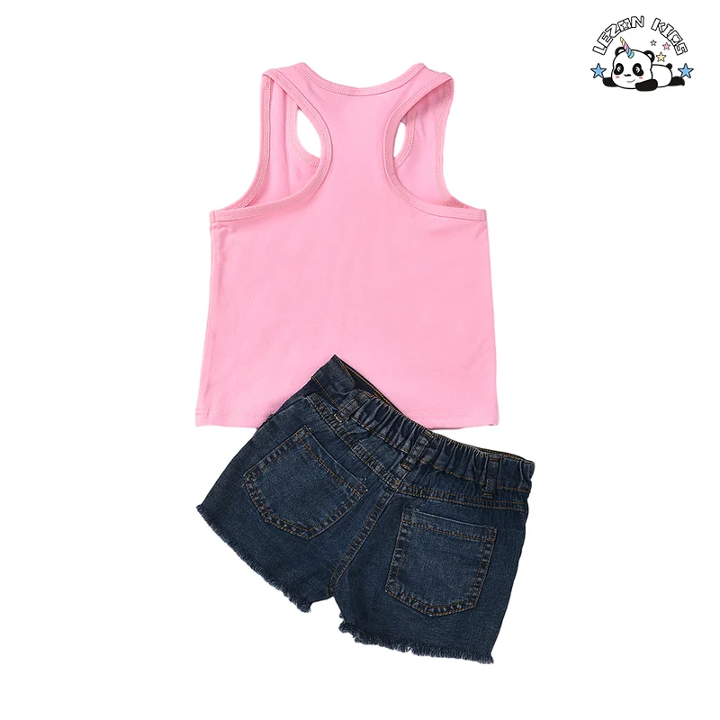 High Quality Summer Children Letter Vest Top Sunflower Denim Shorts Two Piece Suit for Girls - Product Image