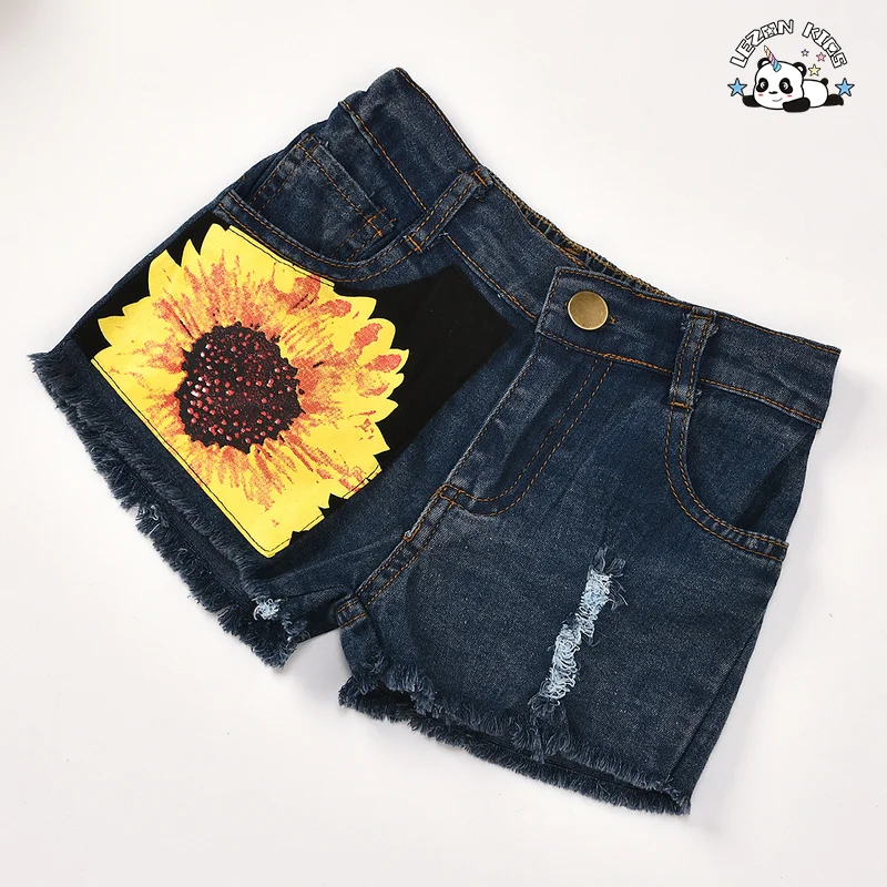 High Quality Summer Children Letter Vest Top Sunflower Denim Shorts Two Piece Suit for Girls - Product Image