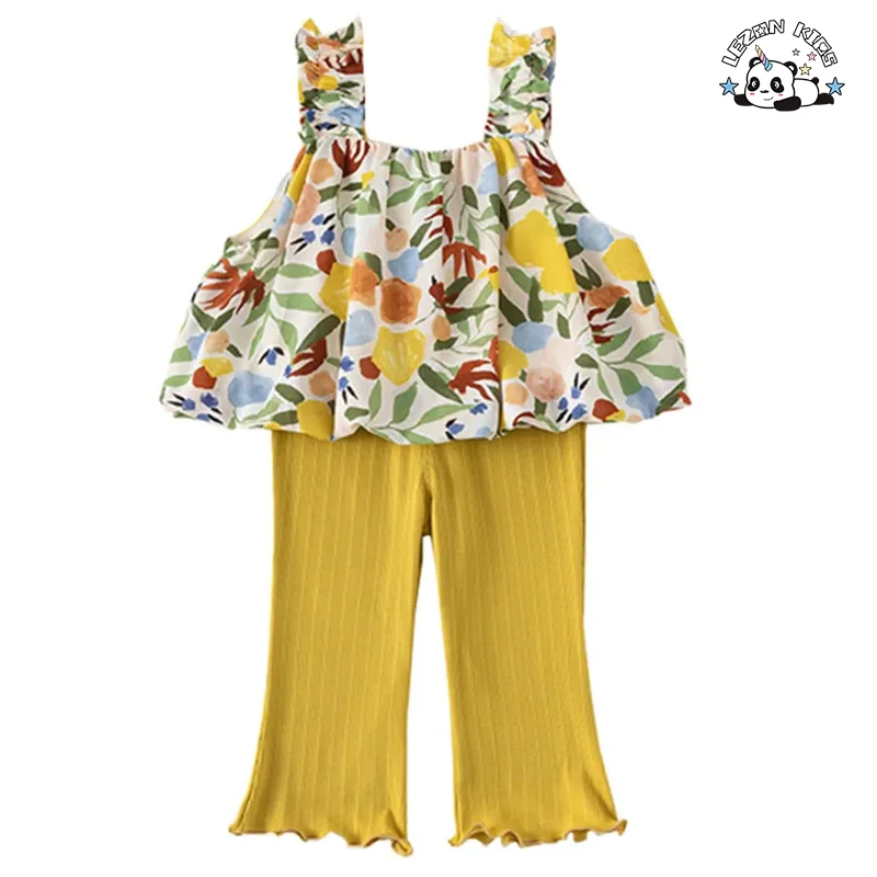 Conjunto de Roupa de Verão de Alta Qualidade com Camisola e Calças Flare para Meninas de 2 a 14 Anos