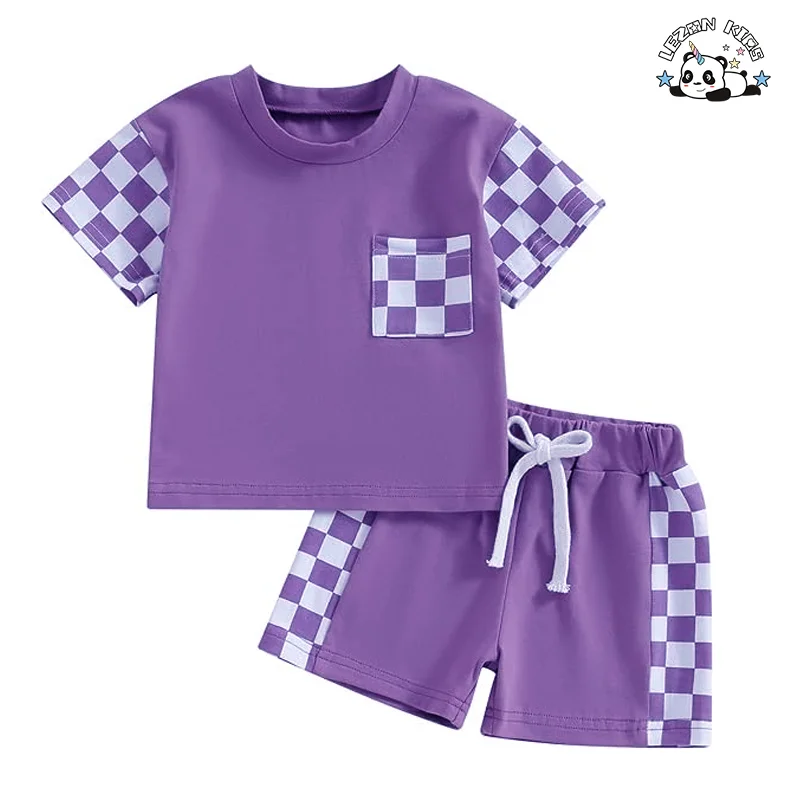 Conjunto de Roupas de Criança de Alta Qualidade e Moderno de 2 Peças com Mangas Xadrez e Camisa Conjunto de Verão Energético