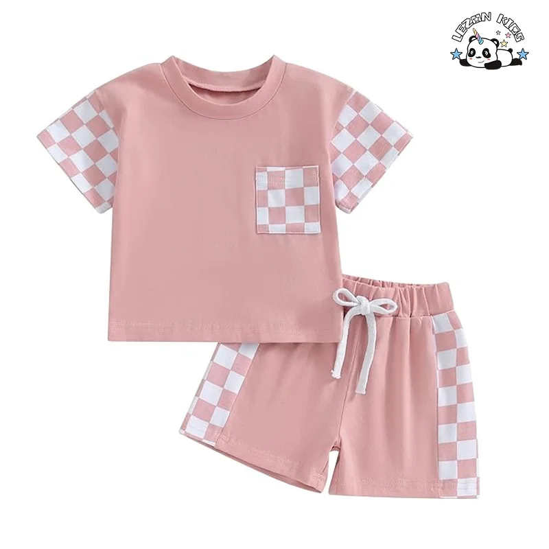 Conjunto de Roupas de Criança de Alta Qualidade e Moderno de 2 Peças com Mangas Xadrez e Camisa Conjunto de Verão Energético - Product Image