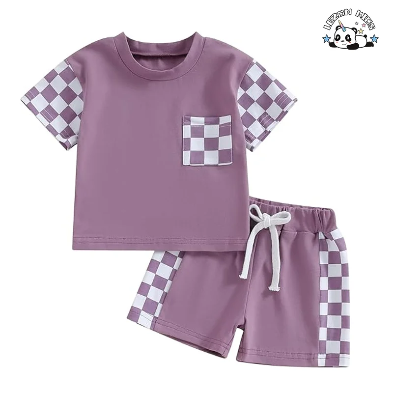 Conjunto de Roupas de Criança de Alta Qualidade e Moderno de 2 Peças com Mangas Xadrez e Camisa Conjunto de Verão Energético - Product Image