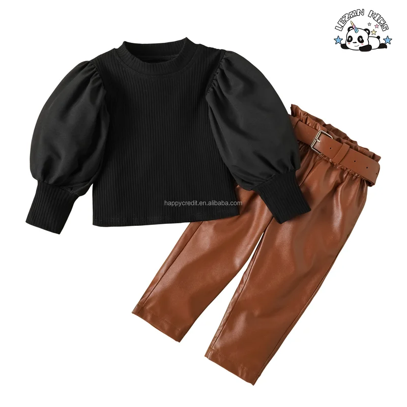 High Street Lantern Sleeve Top Wear and PU Leather Pants Two Piece Junior Girls Clothing Sets - Product Image