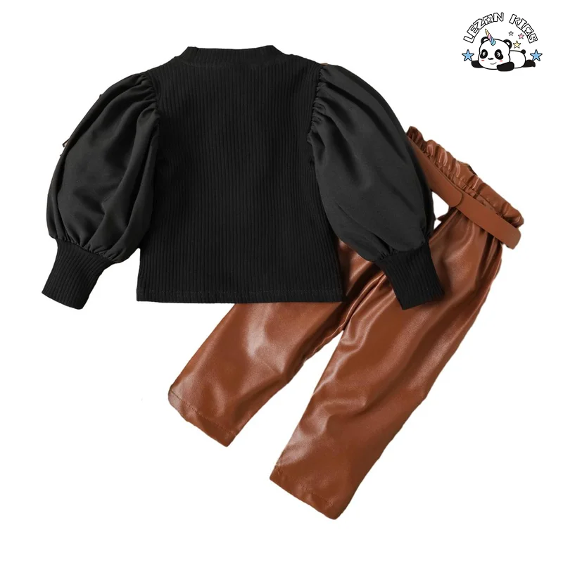 High Street Lantern Sleeve Top Wear and PU Leather Pants Two Piece Junior Girls Clothing Sets - Product Image