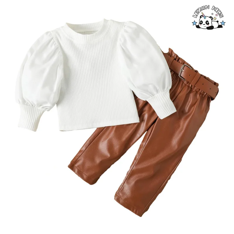 High Street Lantern Sleeve Top Wear and PU Leather Pants Two Piece Junior Girls Clothing Sets - Product Image