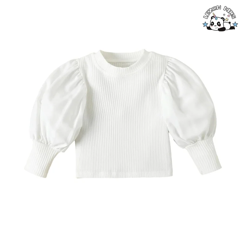 High Street Lantern Sleeve Top Wear and PU Leather Pants Two Piece Junior Girls Clothing Sets - Product Image