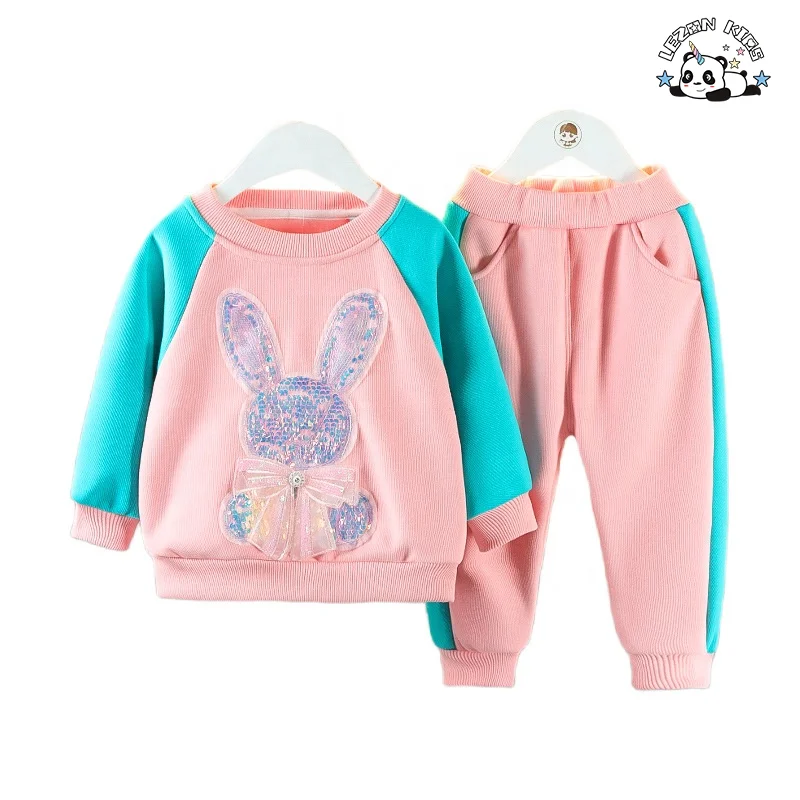 Conjunto de camisola de alta qualidade para meninas com 2 peças, logotipo personalizado com coelho de lantejoulas para conjuntos de roupas de meninas pequenas no inverno