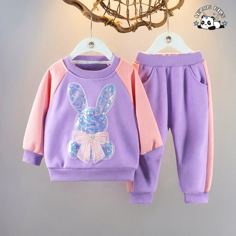 Conjunto de camisola de alta qualidade para meninas com 2 peças, logotipo personalizado com coelho de lantejoulas para conjuntos de roupas de meninas pequenas no inverno - Product Image