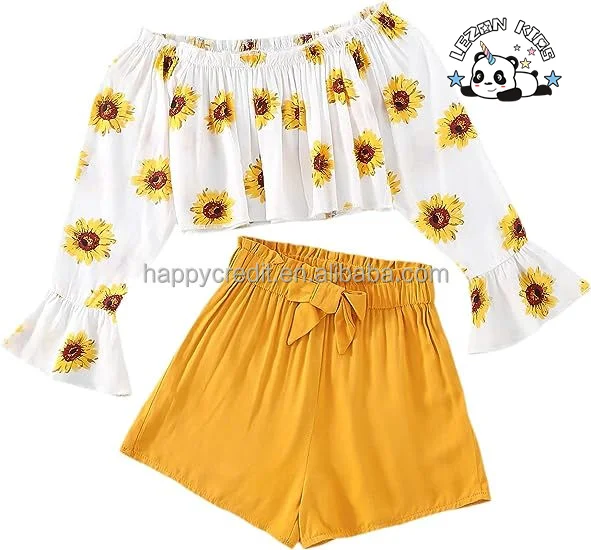 Hot Sale 2 Piece Outfit Summer Boho Floral Print Long Sleeve Top and Shorts Set Cute Clothes for Girls