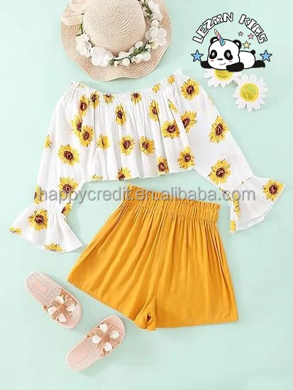 Hot Sale 2 Piece Outfit Summer Boho Floral Print Long Sleeve Top and Shorts Set Cute Clothes for Girls - Product Image