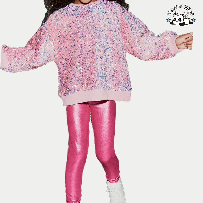 Hot Sale Long Sleeve Pink Sequin Hoodie Style Love Design Girl Party Clothing Set for Teenage Girls Winter Autumn Spring