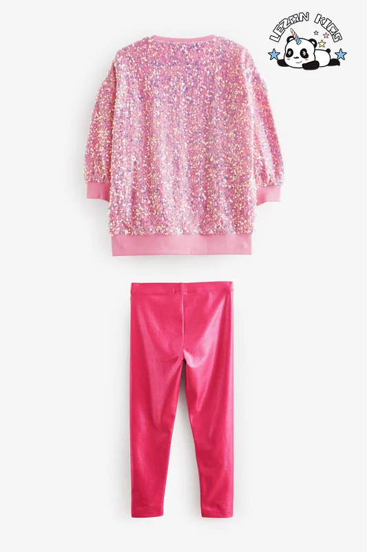 Hot Sale Long Sleeve Pink Sequin Hoodie Style Love Design Girl Party Clothing Set for Teenage Girls Winter Autumn Spring - Product Image
