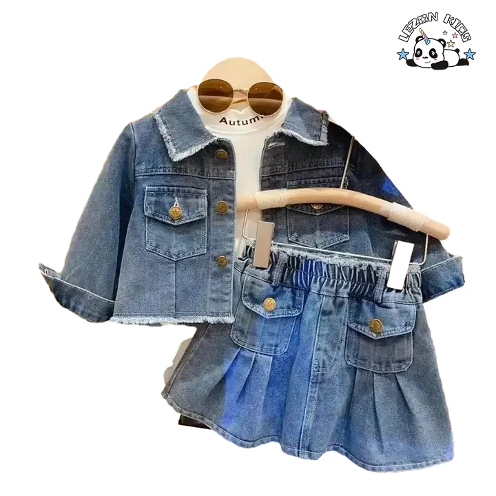 Hot Sale Products Spring and Autumn Denim Sets Jacket and Skirts Girls Sets for 2T-14T Kid's - Product Image