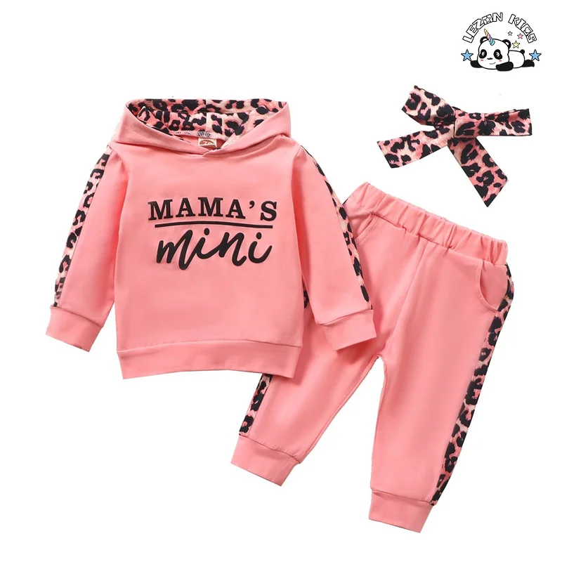 Hot Selling Leopard Pattern Pullover Hoodies and Pants Girls Sets Child Clothing Winter Tracksuits