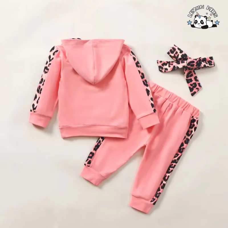 Hot Selling Leopard Pattern Pullover Hoodies and Pants Girls Sets Child Clothing Winter Tracksuits - Product Image