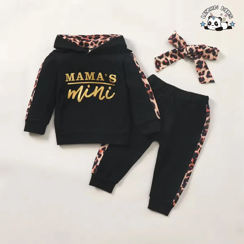 Hot Selling Leopard Pattern Pullover Hoodies and Pants Girls Sets Child Clothing Winter Tracksuits - Product Image