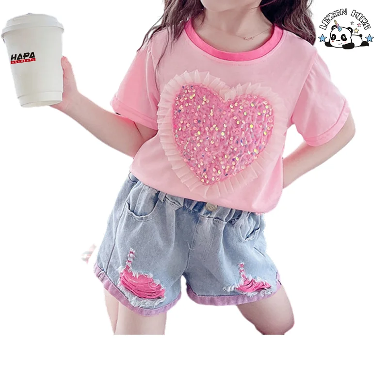 Conjunto de duas peças curto e doce com manga curta e lantejoulas para meninas, calções de ganga para meninas no verão