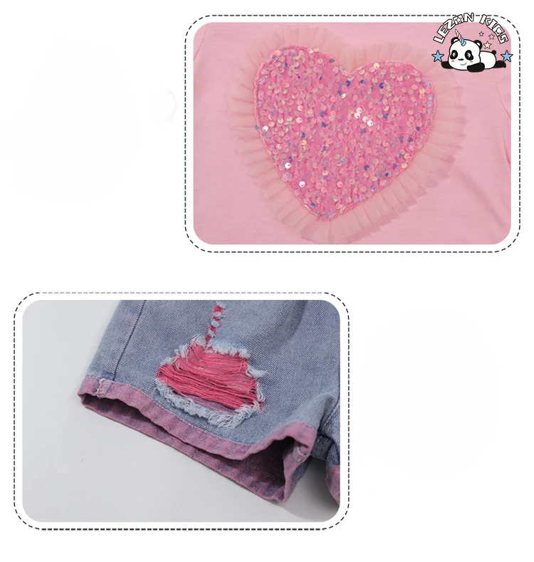 Conjunto de duas peças curto e doce com manga curta e lantejoulas para meninas, calções de ganga para meninas no verão - Product Image