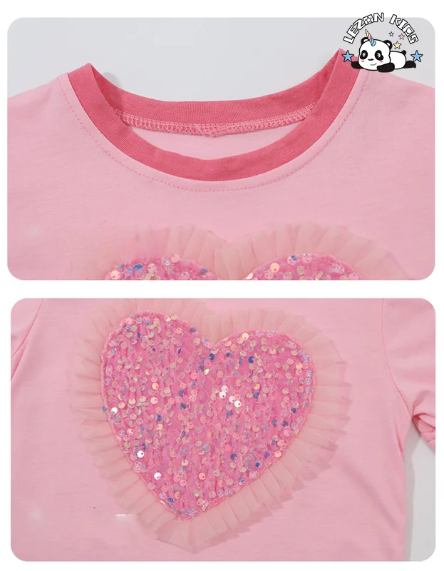 Conjunto de duas peças curto e doce com manga curta e lantejoulas para meninas, calções de ganga para meninas no verão - Product Image