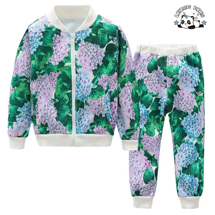 Conjuntos de Moletom para Varejo Infantil Design de Moda Fofo Zipper Personalizado Calças Bomber Impressão Digital de Flores Roupas Infantis