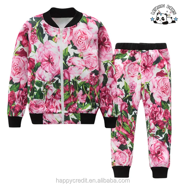Conjuntos de Moletom para Varejo Infantil Design de Moda Fofo Zipper Personalizado Calças Bomber Impressão Digital de Flores Roupas Infantis - Product Image