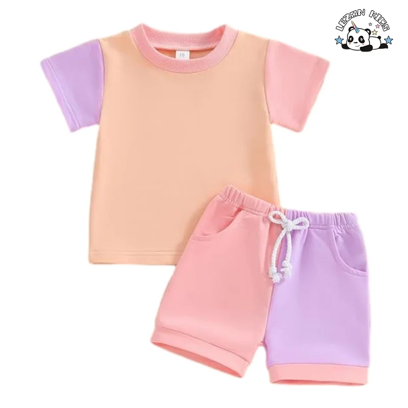Latest Design Girls Color Block Summer T Shirt Long Sleeve Sweet Style Fabric Cartoon Pattern Girls Clothing Set