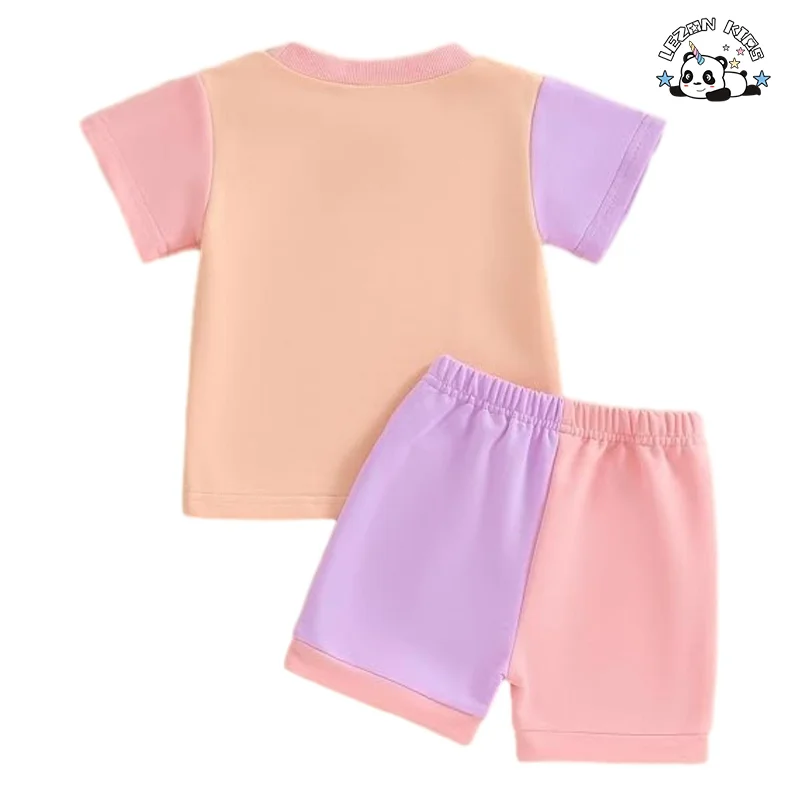 Latest Design Girls Color Block Summer T Shirt Long Sleeve Sweet Style Fabric Cartoon Pattern Girls Clothing Set - Product Image