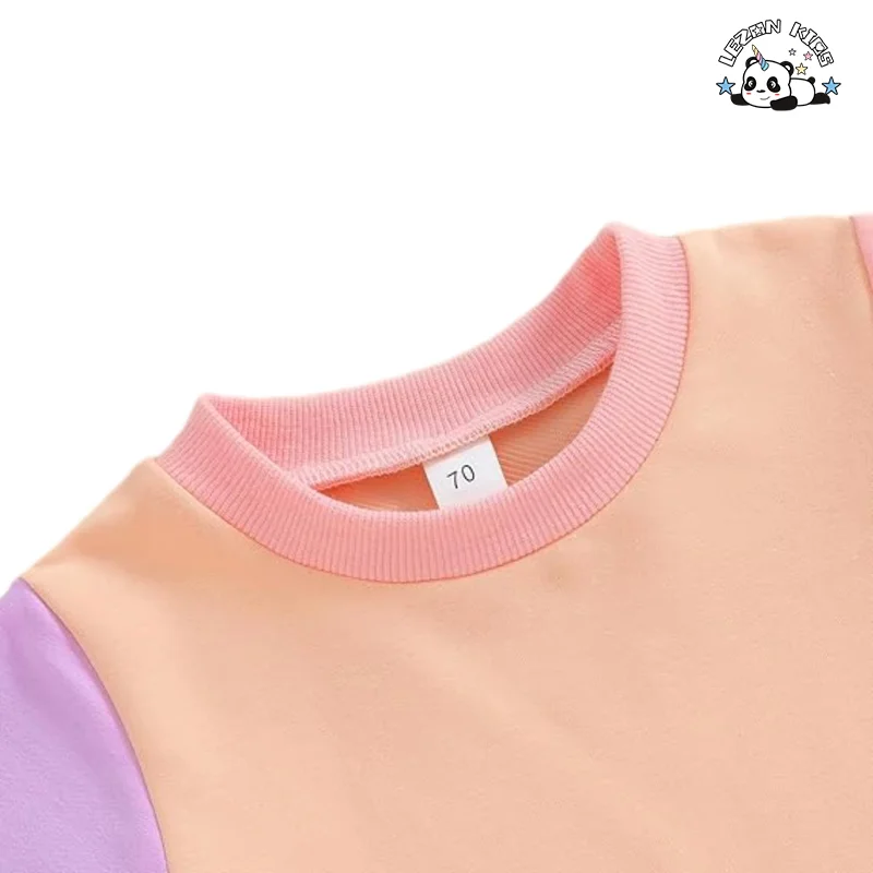 Latest Design Girls Color Block Summer T Shirt Long Sleeve Sweet Style Fabric Cartoon Pattern Girls Clothing Set - Product Image