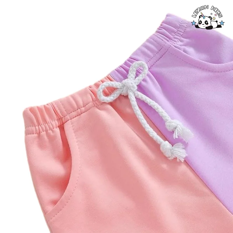 Latest Design Girls Color Block Summer T Shirt Long Sleeve Sweet Style Fabric Cartoon Pattern Girls Clothing Set - Product Image