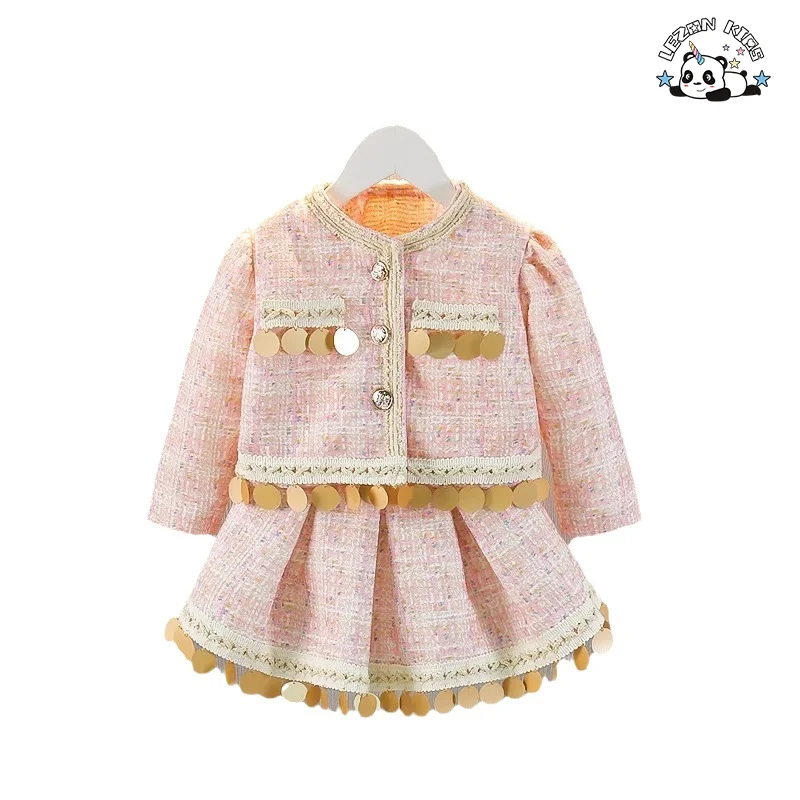 Produção direta novo estilo de moda para meninas com remendos de lantejoulas crianças vestido de princesa conjunto
