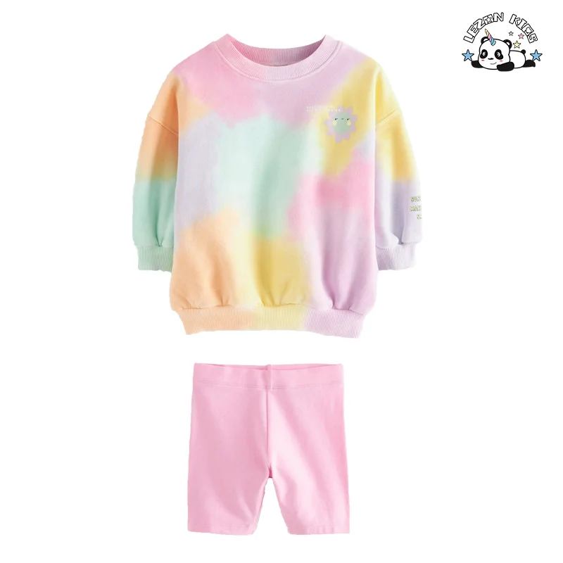 New Arrival Colorful Printed Tie Dyed Kids Girls Cotton Clothing Set Joggers Sets