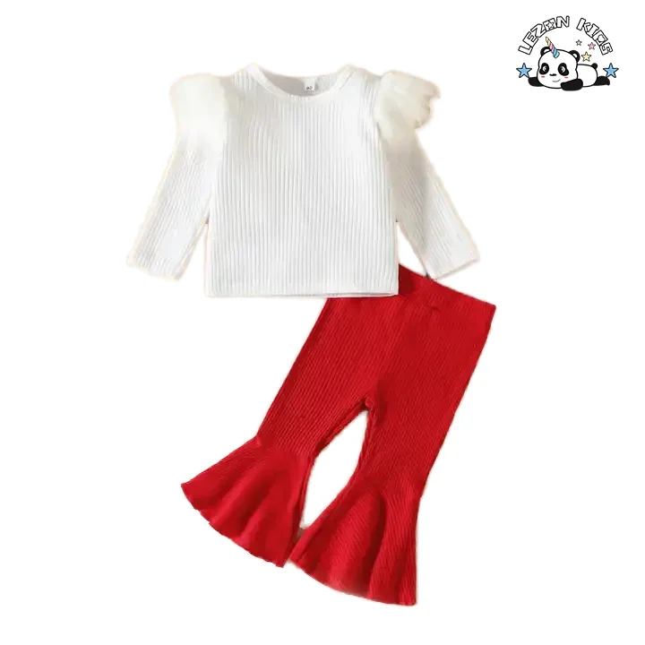 New Children's Clothes Girls' Suit Pit Strip Cotton Long-Sleeved Top Flare Pants Two-Piece Set
