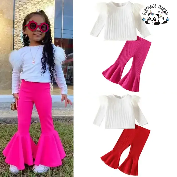 New Children's Clothes Girls' Suit Pit Strip Cotton Long-Sleeved Top Flare Pants Two-Piece Set - Product Image
